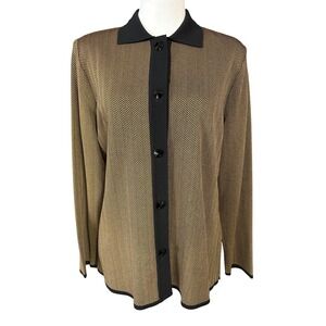 Misook Womens Petite M Brown‎ Black Herringbone Collared Knit Cardigan